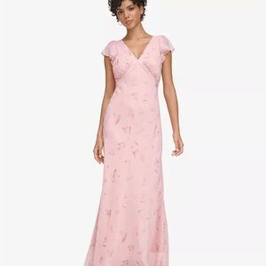Calvin Klein Blush Pink V-Neck Flutter Sleeve Maxi Dress